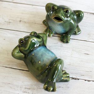 Ceramic Frogs Glazed Garden Pottery Green Blue Lot